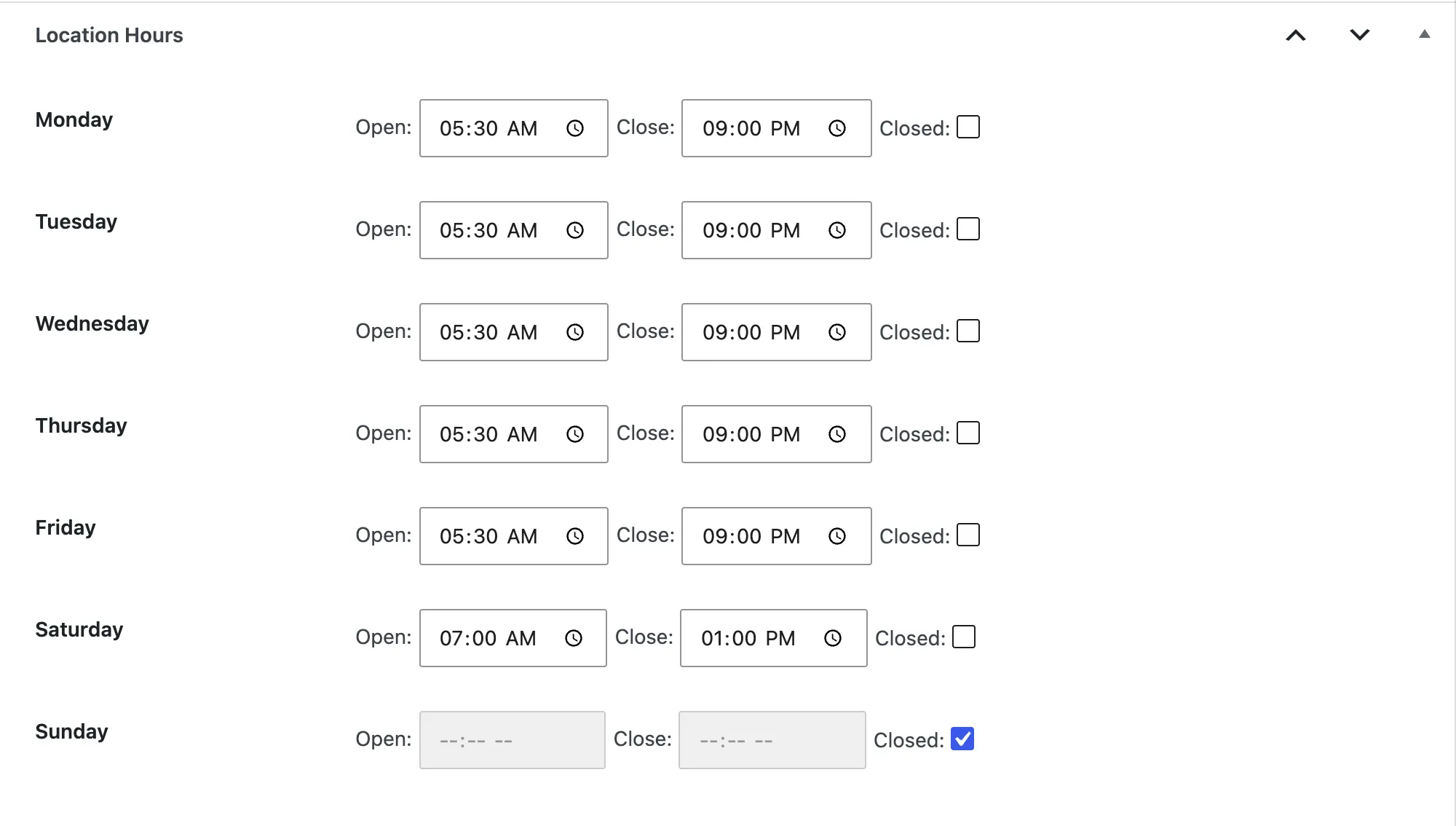 The Location Hours box, Monday to Sunday