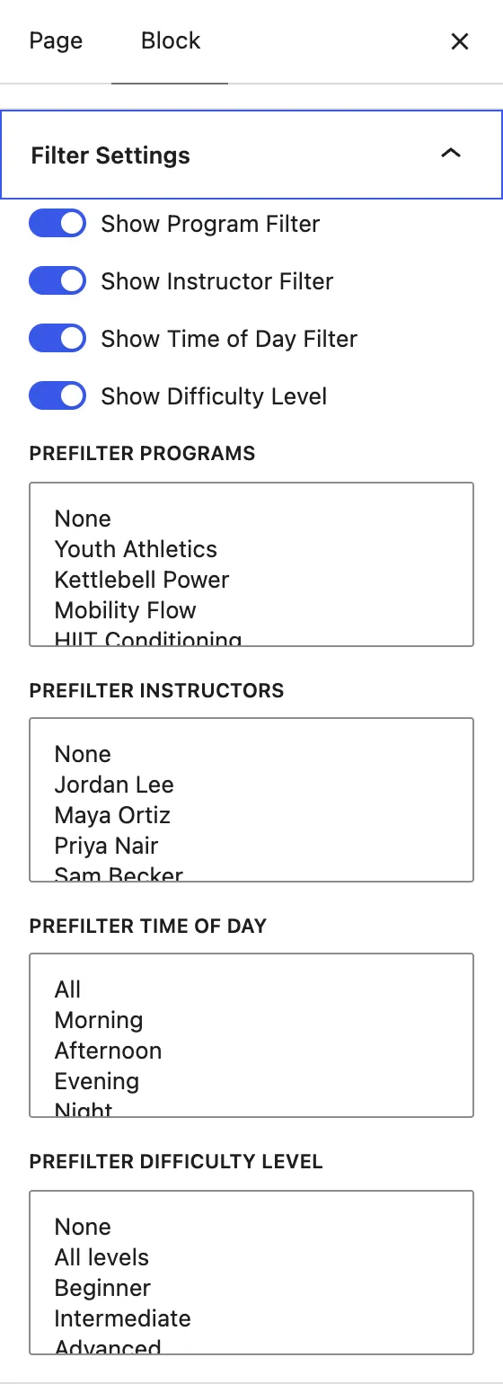 Filter Settings: four filter toggles and four prefilter lists