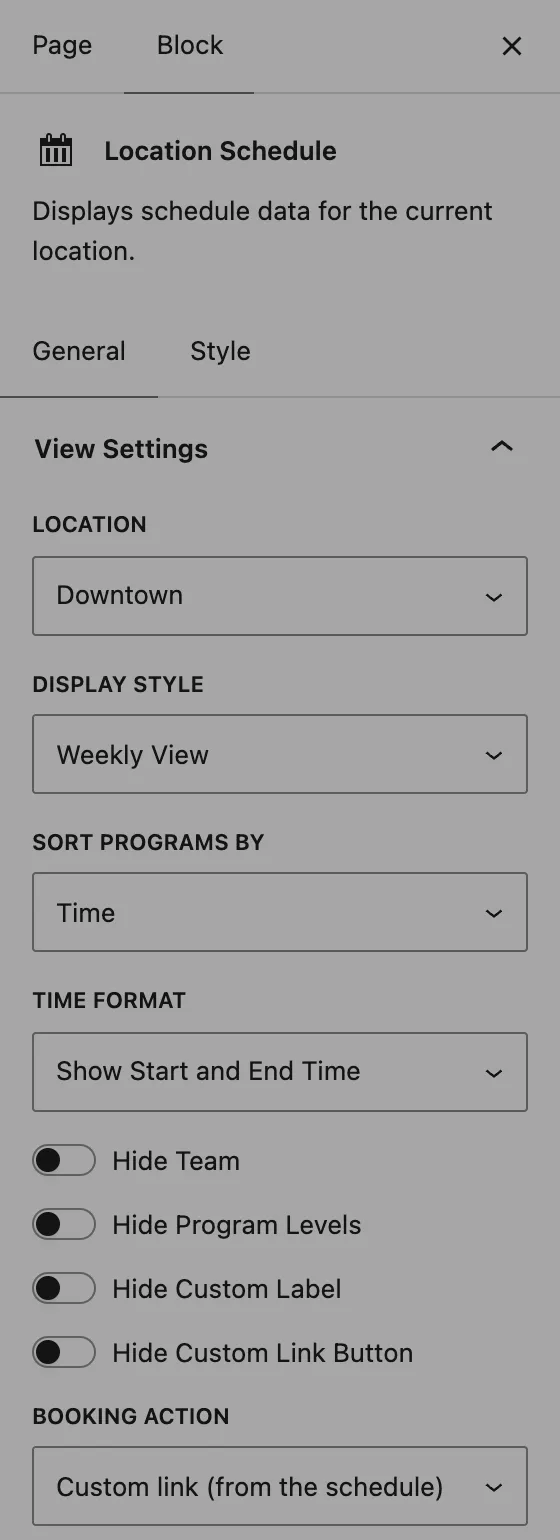 The General tab of the block settings, with View Settings open