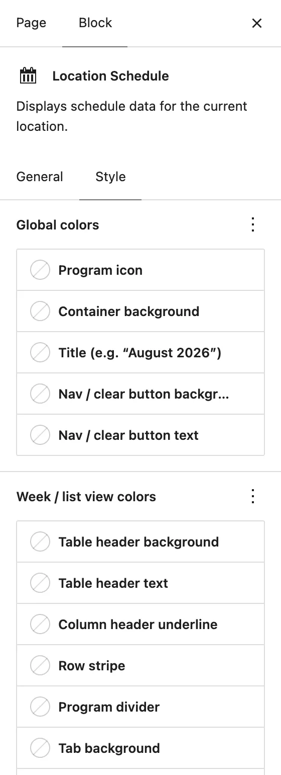 The Style tab: color groups, layout and effects, and reset