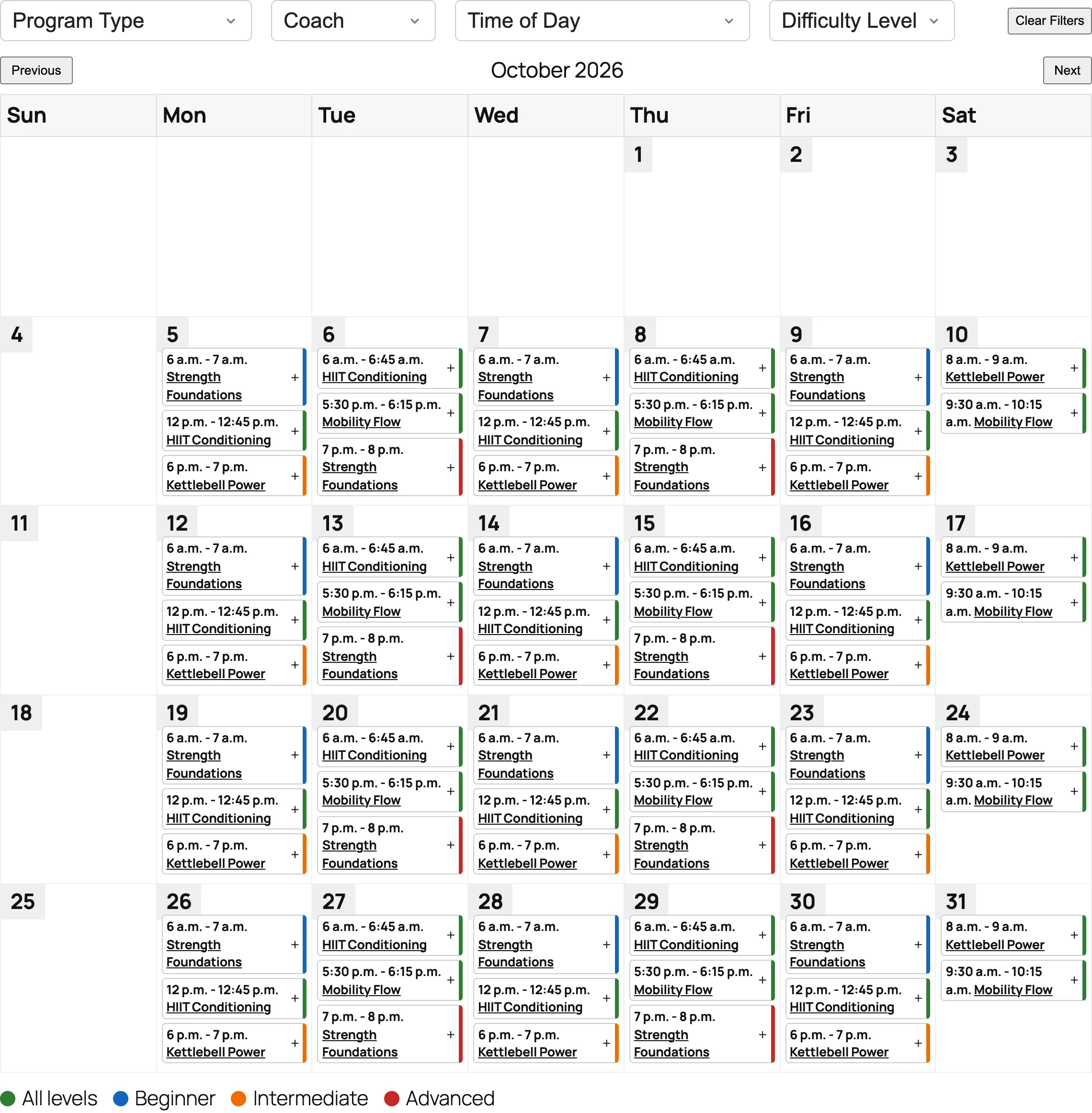 Month View: a calendar grid with sessions on each weekday