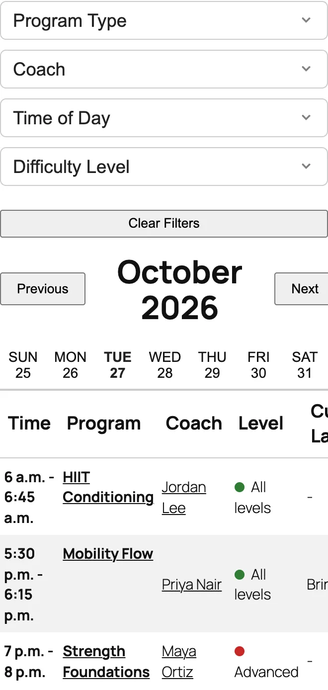The schedule on a phone: filters stacked full-width above the day tabs