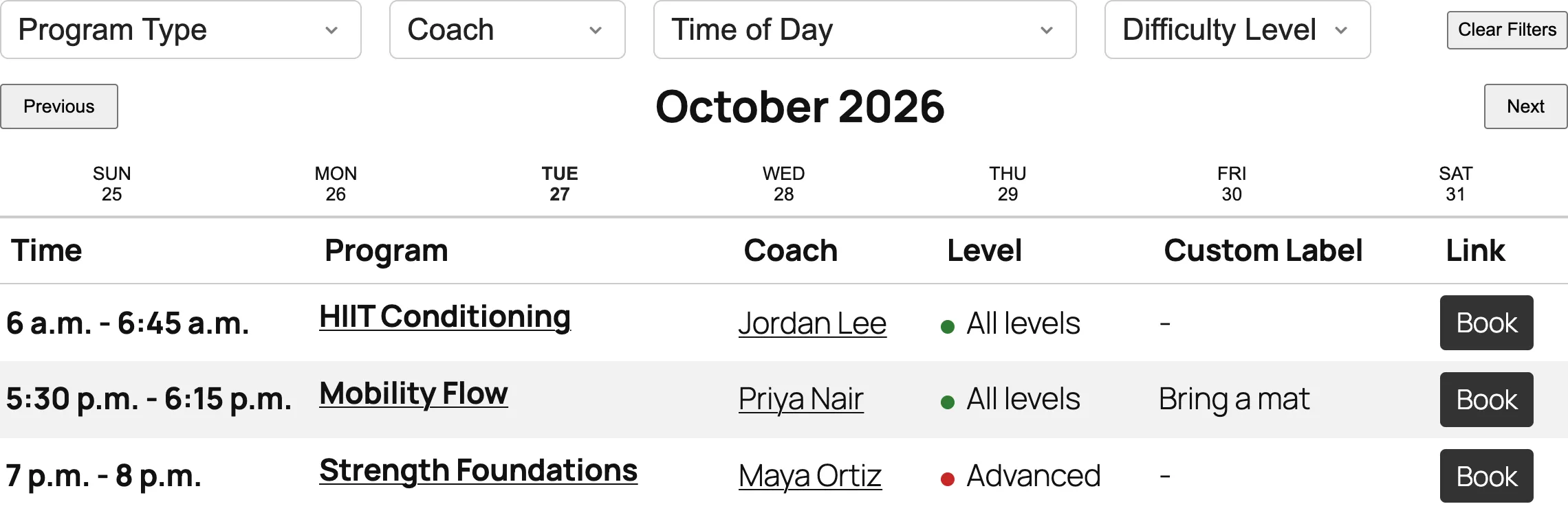 The Location Schedule block in Weekly View, showing Tuesday’s sessions with filters above