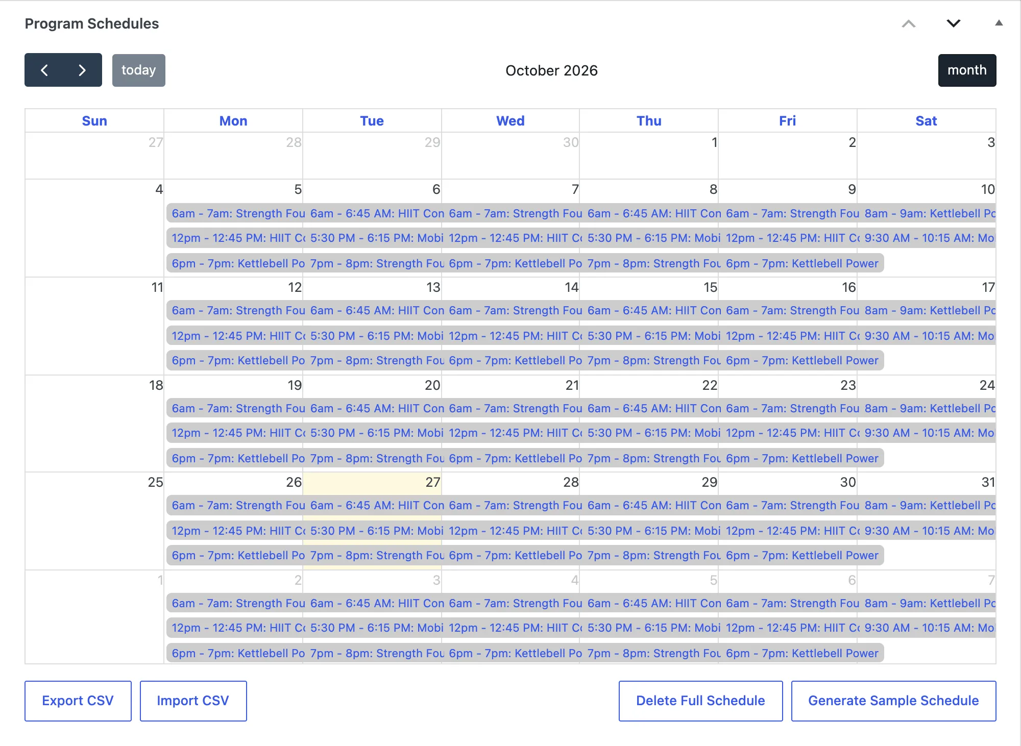 The schedule calendar for October, with recurring sessions on each weekday