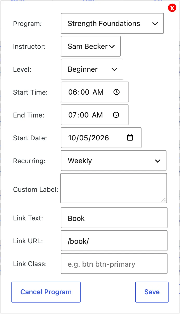 The session window: program, instructor, level, times, start date, repeat and link fields