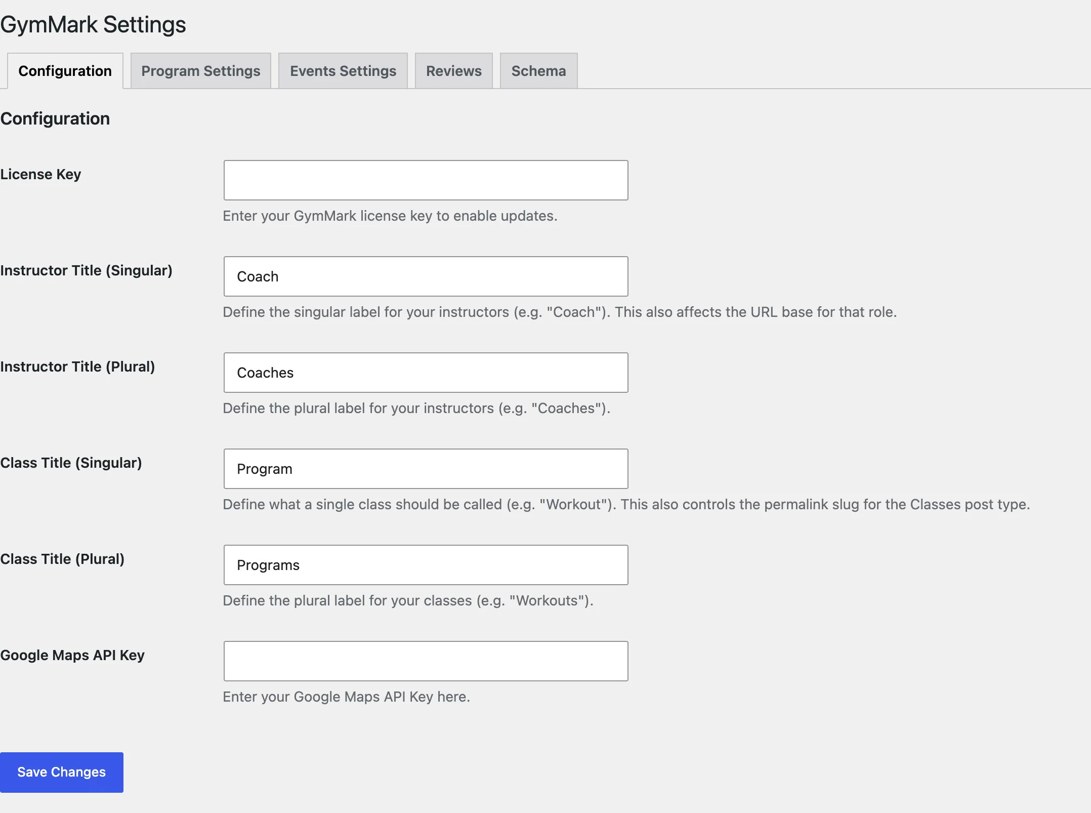 Settings → Gymmark, Configuration tab
