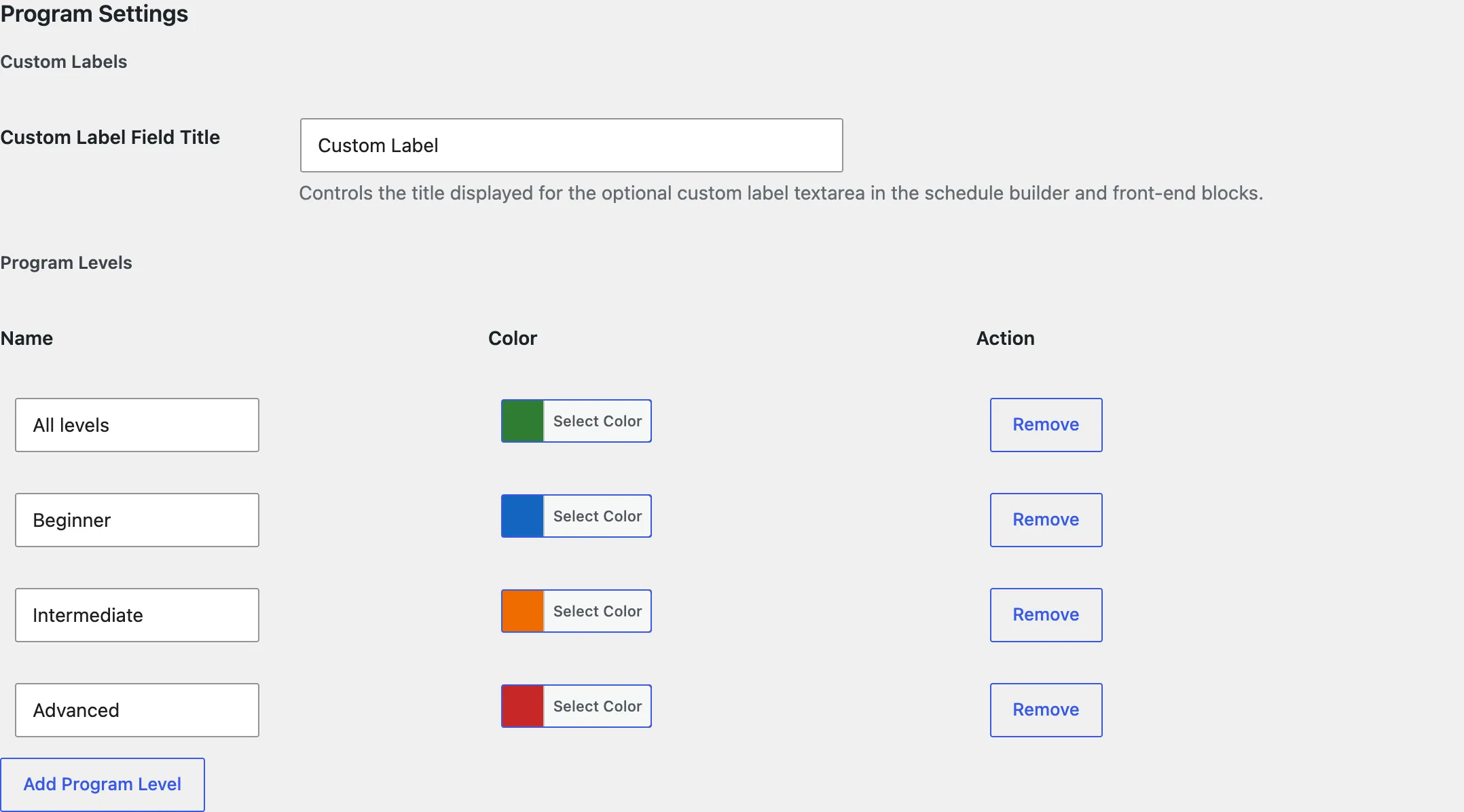 The Levels table with four levels and their colors